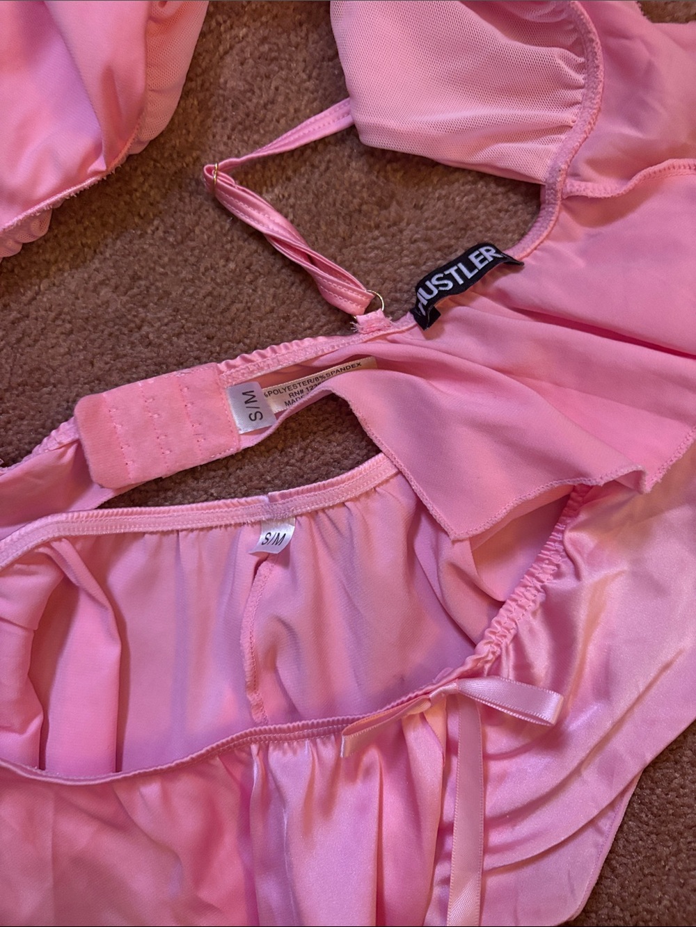 Pink Satin Ruffle Bralette & Thong Shorts Lingerie Set - Women Intimates - Picture 3 of 3